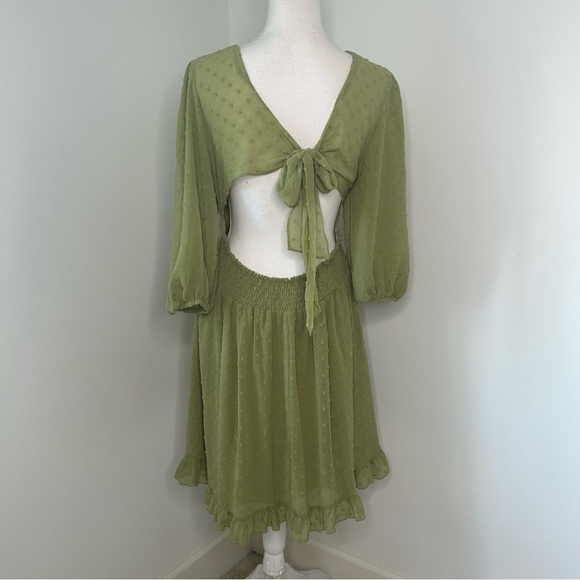 EXLURA Swiss Dot Sheer Puff Long Peasant Sleeve Ruched Front Mini Dress Size XL - Picture 4 of 13